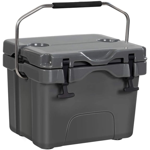WJSP 16 Quart Insulated Cooler Grey 24 Can Ice Chest Cup Holders Camping Fishing