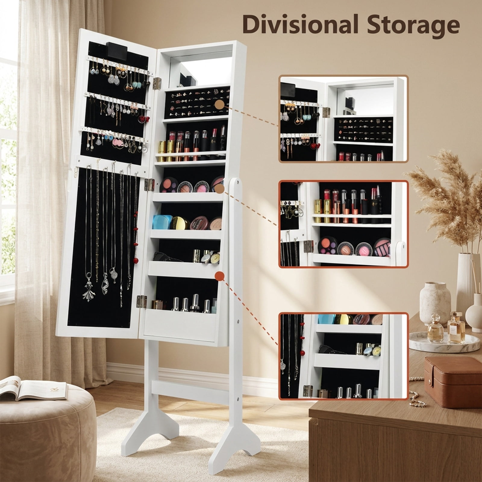 Furnibear Mirrored Jewelry Cabinet Armoire Organizer w/ LED lights for Bedroom Dressing Room Jewelry Necklace Rings Storage Mirror, White