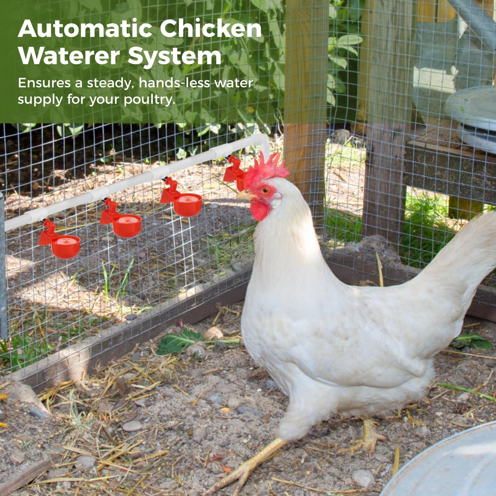 Automatic Chicken Waterer System, Complete Set, Automatic Chicken Watering Kit with PVC Pipes, Garden Hoses, Float Valve, Leak-Proof Poultry Water Cup System, Easy Installation