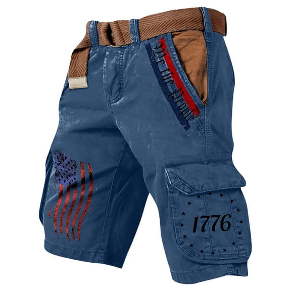 LWavelet Men's We The People 1776 American Flag Cargo Shorts Pocket Star Print Casual Shorts with Belt Dark Blue L