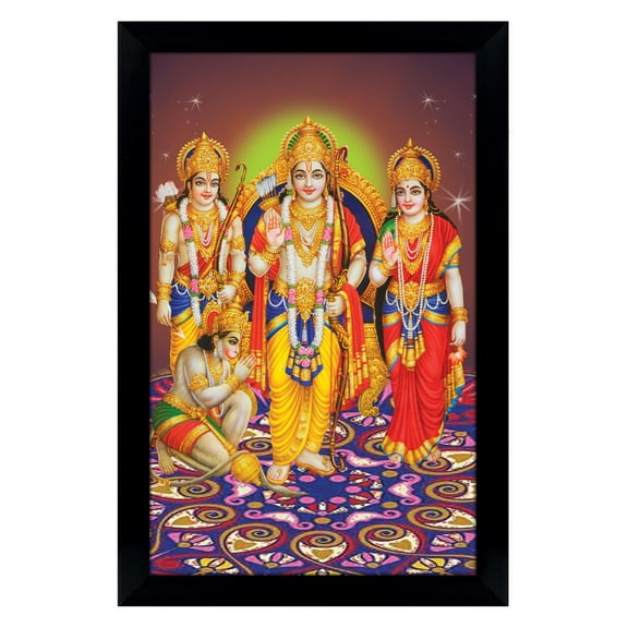 IBA Indianbeautifulart Hanuman Sitting In Ram Darbar Picture Frame Religious Poster Black Wall Frame Deity Photo Frame Wall Decor For Home/ Office/ Temple
