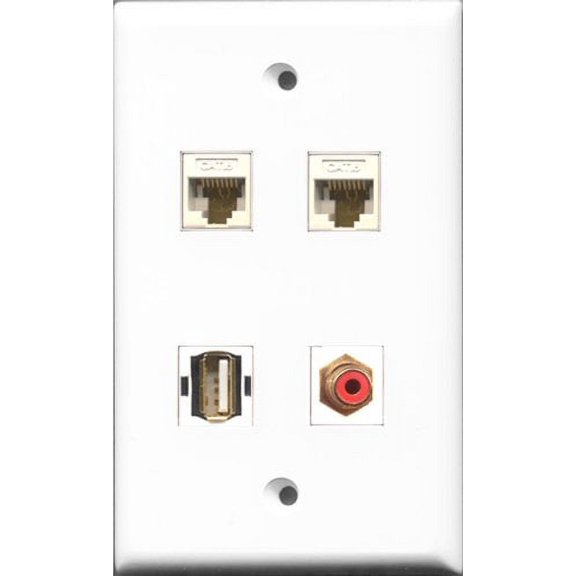RiteAV 1 Port RCA Red and 1 Port USB A-A 2 Port Cat6 Ethernet White Wall Plate