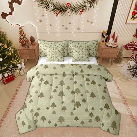 Feelyou Kids Christmas Twin Bedding Sets 7-Piece Cartoon Xmas Tree Bedding Comforter Set Glitter Stars Print Reversible Sheet Sets Lightweight Room Decor