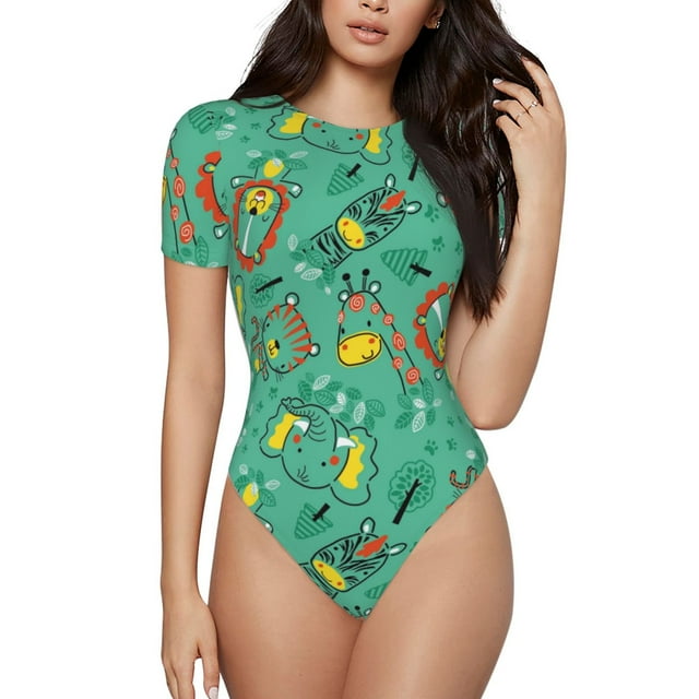 Saiise Pyjama à Manches Courtes Motif Animaux Amusants dans la Jungle pour Femmes, Col Rond, Justaucorps Extensible avec Fermeture à Pression-Moyen