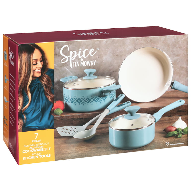 Spice by Tia Mowry Savory Saffron 7-Piece Healthy Nonstick  Ceramic Cookware Set - Teal: Home & Kitchen