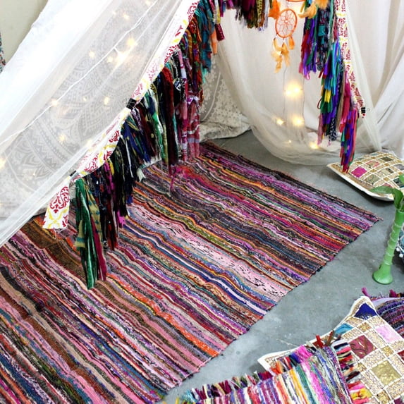 Aakriti Handmade Rag Rug, Chindi Rug, Multicolored, Indian Rug, Recycled Rug, Boho Style, Decorative Rug ( 5x3 ft) (Purple)