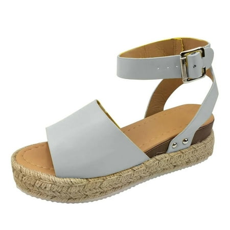 

Womens Summer Casual Espadrilles Trim Rubber Sole Flatform Studded Wedge Buckle Ankle Strap Open Toe Sandals Flatform Wedge Casual Sandal