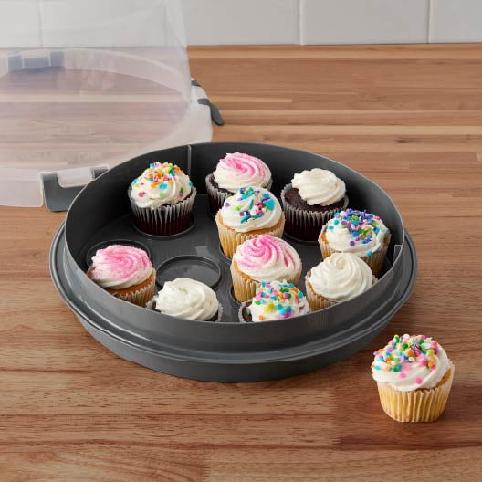 Mainstays Cake & Cupcake Carrier with Flippible Base, Lid, Handle & Clasps, Grey Plastic