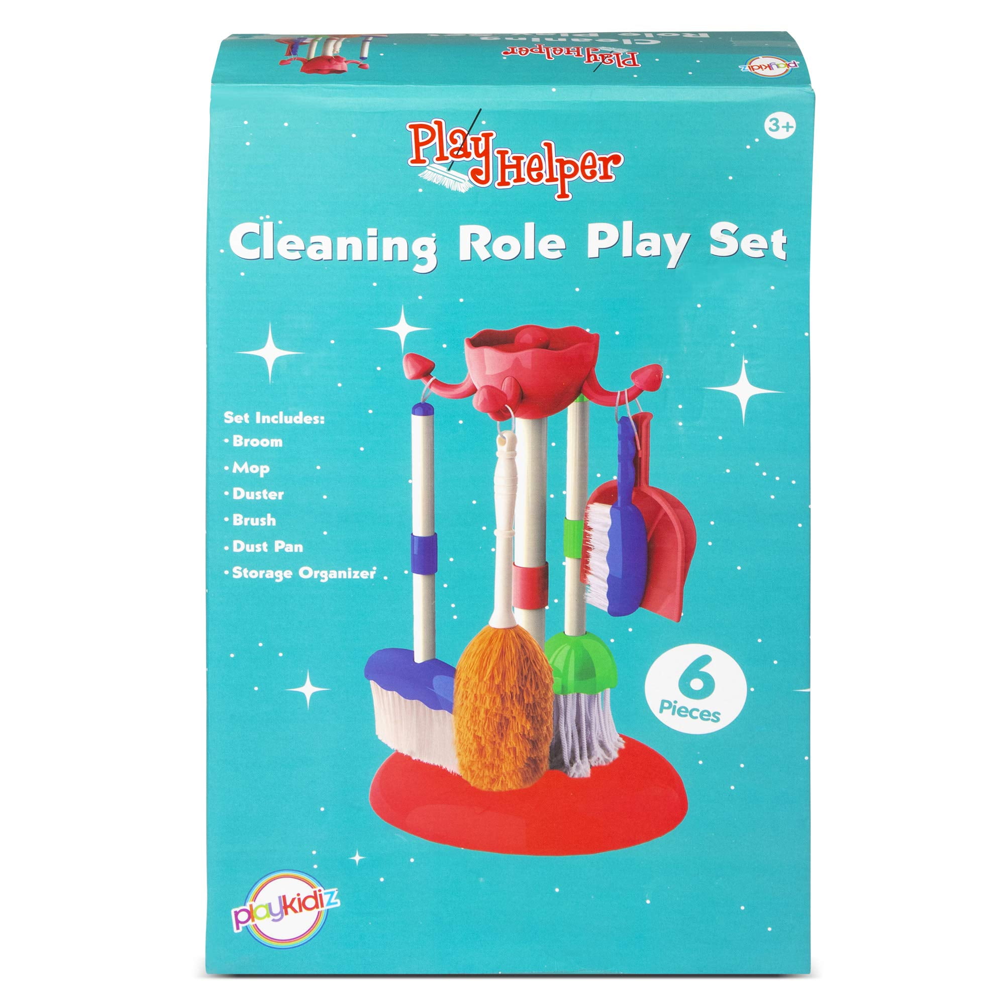 Playkidz Cleaning Role Set, 6Pcs, Includes Mop, Brush, Broom, Dustpan, and  Organizer Stand, Play Helper Realistic Housekeeping Set, Recommended for Ages  3+ 