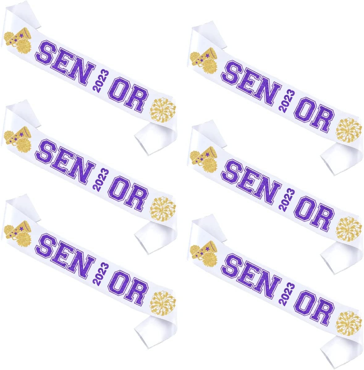 6 Pack Senior 2023 Sash, White Senior 2023 Satin Sashes with Purple and