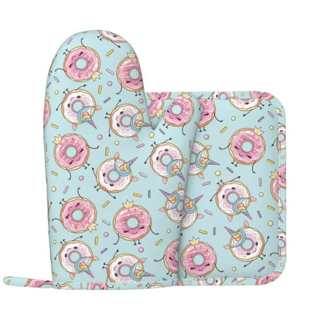 

Funny Cartoon Donut Print Oven Mitts and Pot Holders Sets with 1 Non-Slip Left Silicone Oven Mitts and 1 Heatproof Insulated Hot Pads for Kitchen Use in Cooking Baking Grilling