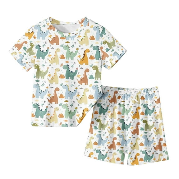 Uxgjfwu Toddler Summer Outfits Boys Girls Casual Printed Short Sleeve Tops and Shorts Set Sports Set, Sizes 3-14,Beige