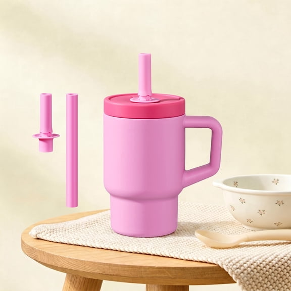 Coliware 12OZ Water Bottle, Silicone Tumbler with Spill-Resistant Straw & Easy-Grip Handle, Cup Holder Friendly Cup for On-the-Go Use, Dishwasher Safe, Raspberry Fizz