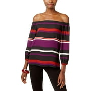 INC Off-The-Shoulder Long Sleeve Semi-Sheer Striped Casual Top BLACK M NEW