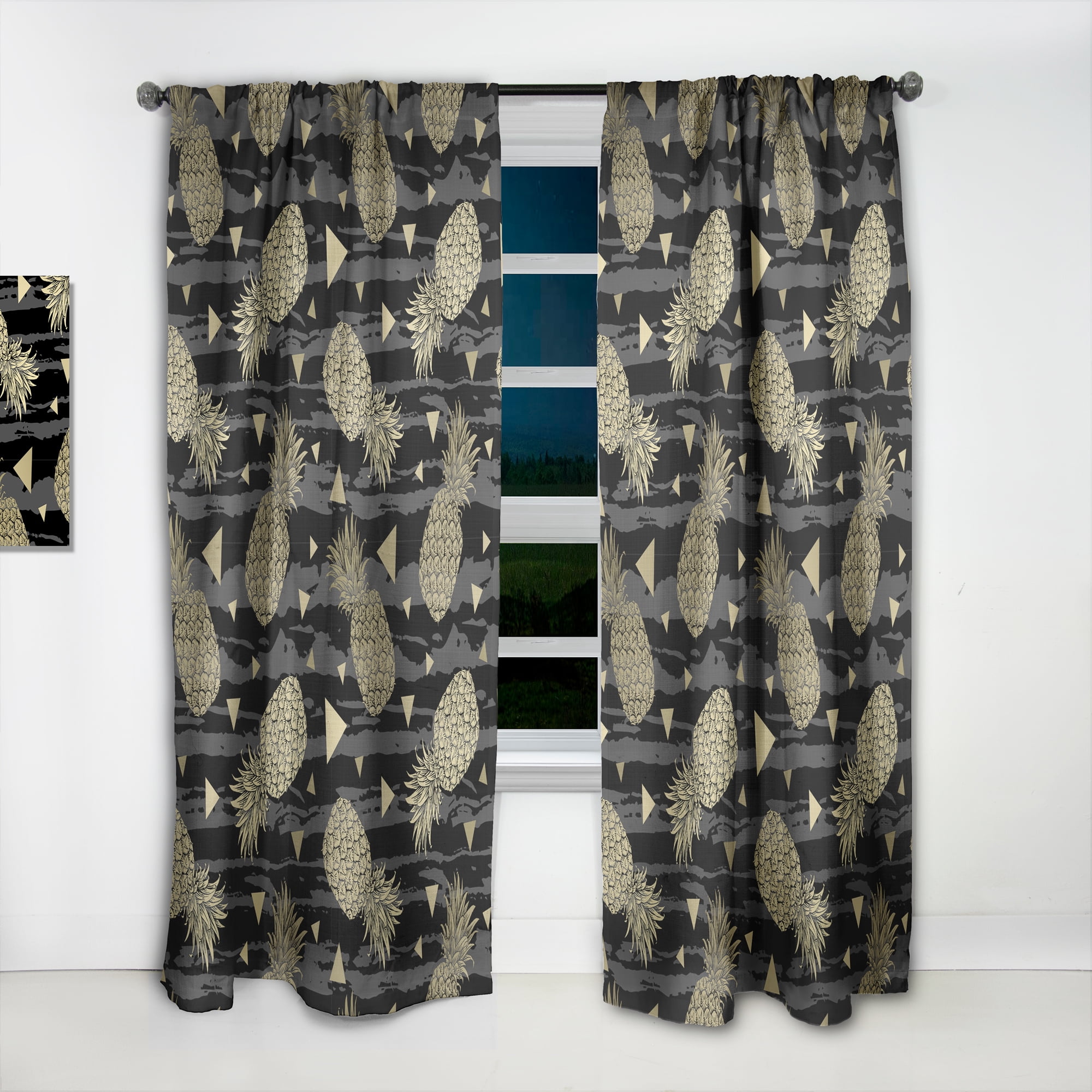 Designart 'Golden Pineapple On Black Horizantal' Mid-Century Modern Curtain Panel