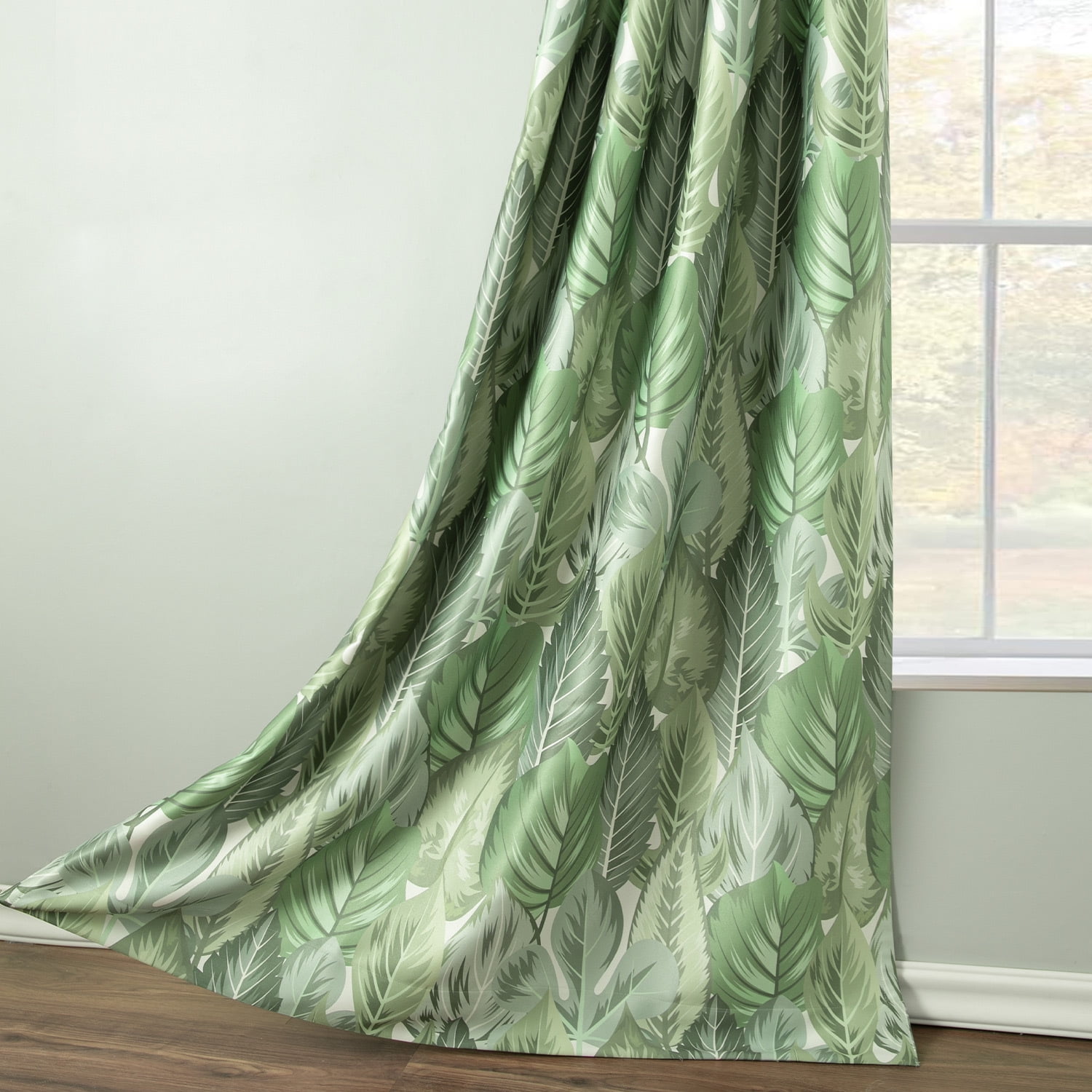 VOGOL Green Leaves Print Curtains Drapes, Rustic Grommet Top Light Filtering Window Curtain Panels Set for Room Divider, 2 Panels, 52 x 96 inches