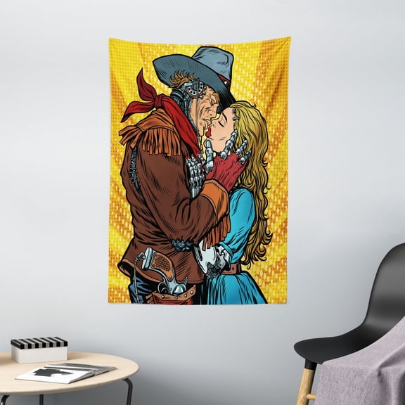 Western Decor Tapestry, Steampunk Robots Western Style Cowboy Kisses the Girl Illustration, Wall Hanging for Bedroom Living Room Dorm Decor, 40W X 60L Inches, Yellow and Brown, by Ambesonne