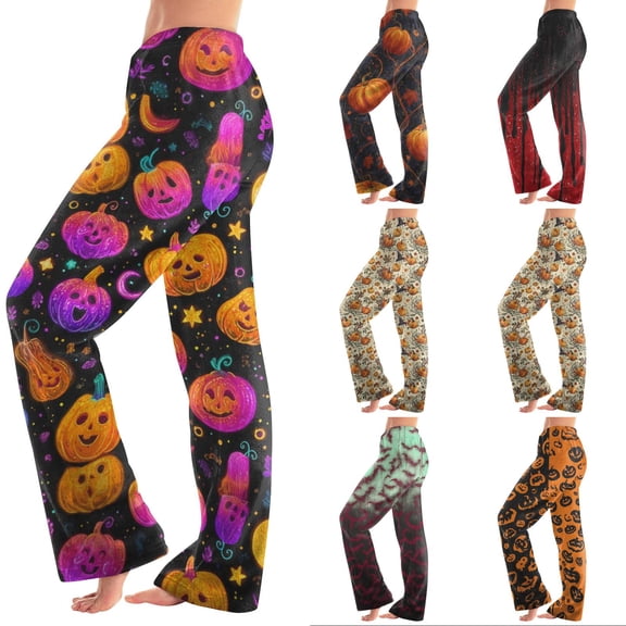 Trgacdwlo Halloween Fleece Pajama Pants for Women Spooky Ghost Pumpkin Flannel Pajama Pants Women Fall Winter Warm Sleep Pants Women