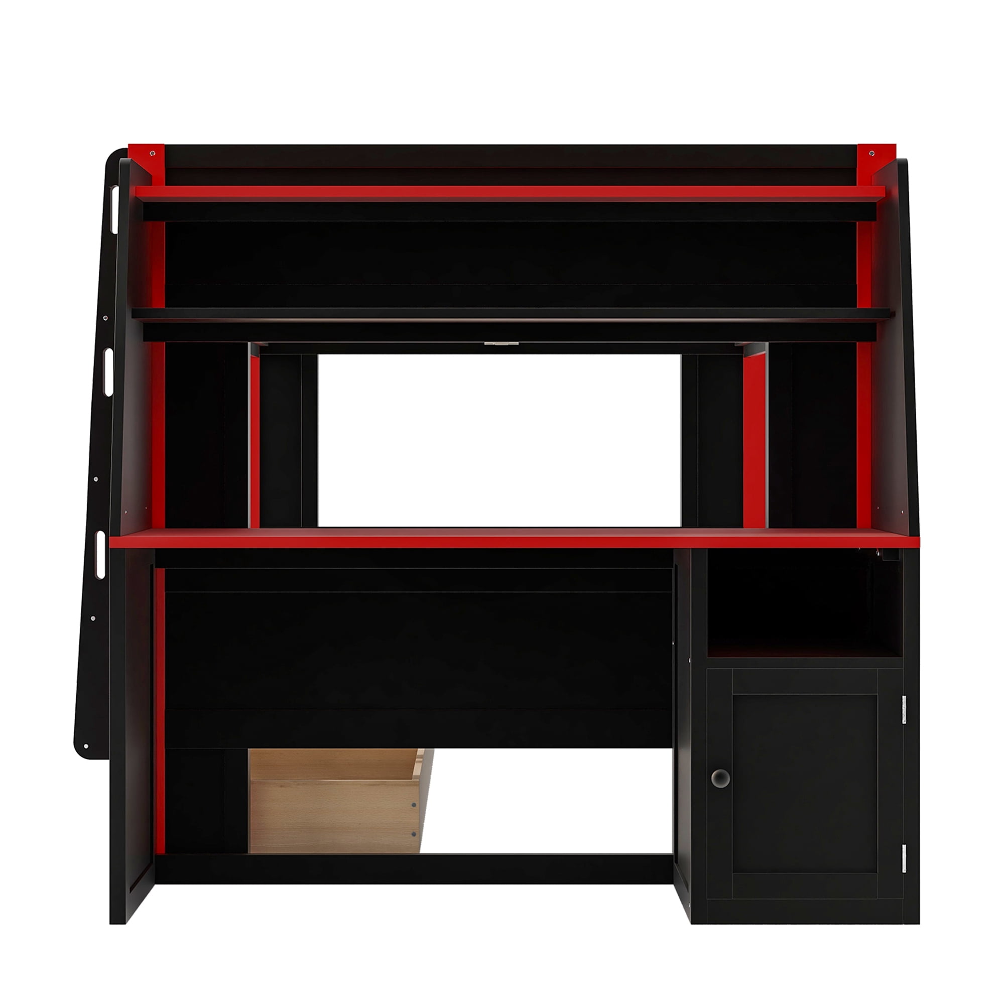 Euroco Wood Full over Full Bunk Bed with Desk and Shelves, Gaming Bed with Drawers and LED Lights, Red & Black