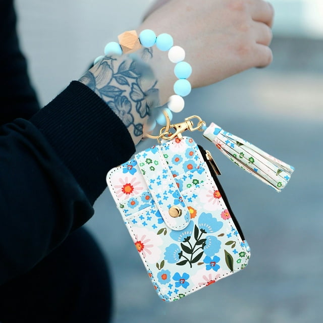 ID Bag Silicone Bracelet Floral Folding Card Holder Printed Leather Wallet Keychain Including Keychain ID Bag Floral Wallet Card Holder