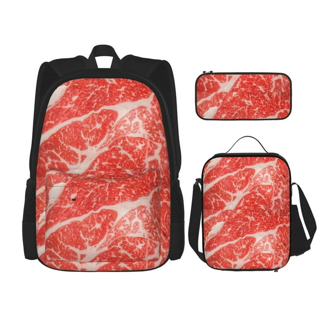 Disketp Beef Steaks Mochila Estampada de Gran Capacidad con Lonchera y Estuche, Set de 3 Piezas para Estudiantes