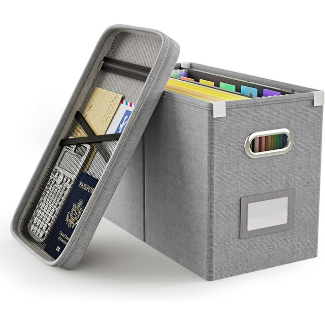 File Organizer Box File Box for Letter Size Files Storage Hanging File Folder Organizer with Mesh Pocket on Lid Portable Filing Box with Handle for Office/Home/School( )