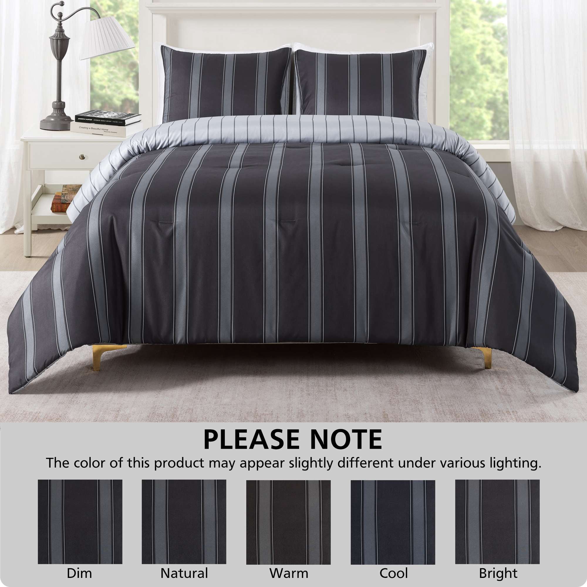 Mainstays Full/Queen Comforter Set, All-Season, 3-Piece, Dark Grey Stripe