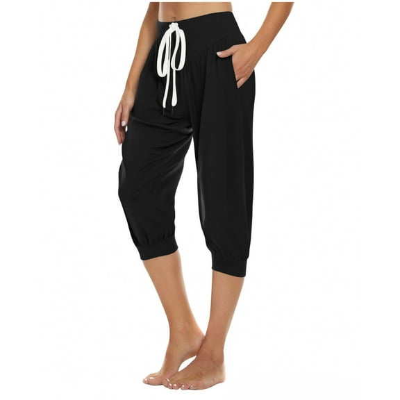 Women's Crop Sweatpant Capri Pants Lounge Drawstring High Elastic Waist Wide Leg Pant Cinch Sport Bottom Trousers Black X-Large