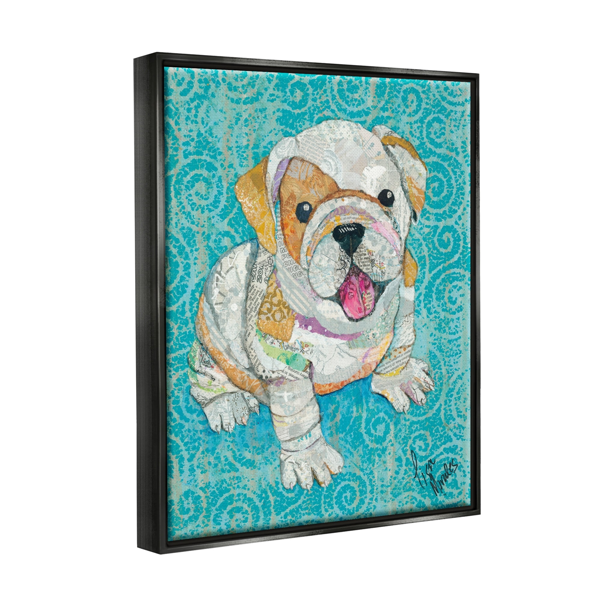 Stupell Industries Puppy Dog Swirl Pattern Mixed Ephemera Collage Painting Jet Black Floating Framed Canvas Print Wall Art, Design by Lisa Morales