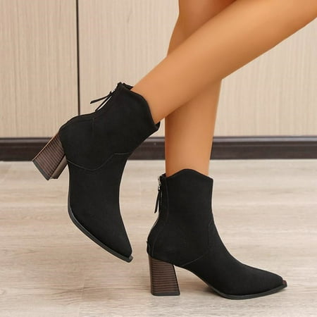 

BCMMKLPP Suede Ankle Boots Zipper Women s Color Thick Heel Pointed Fashion Solid women s boots Black 41
