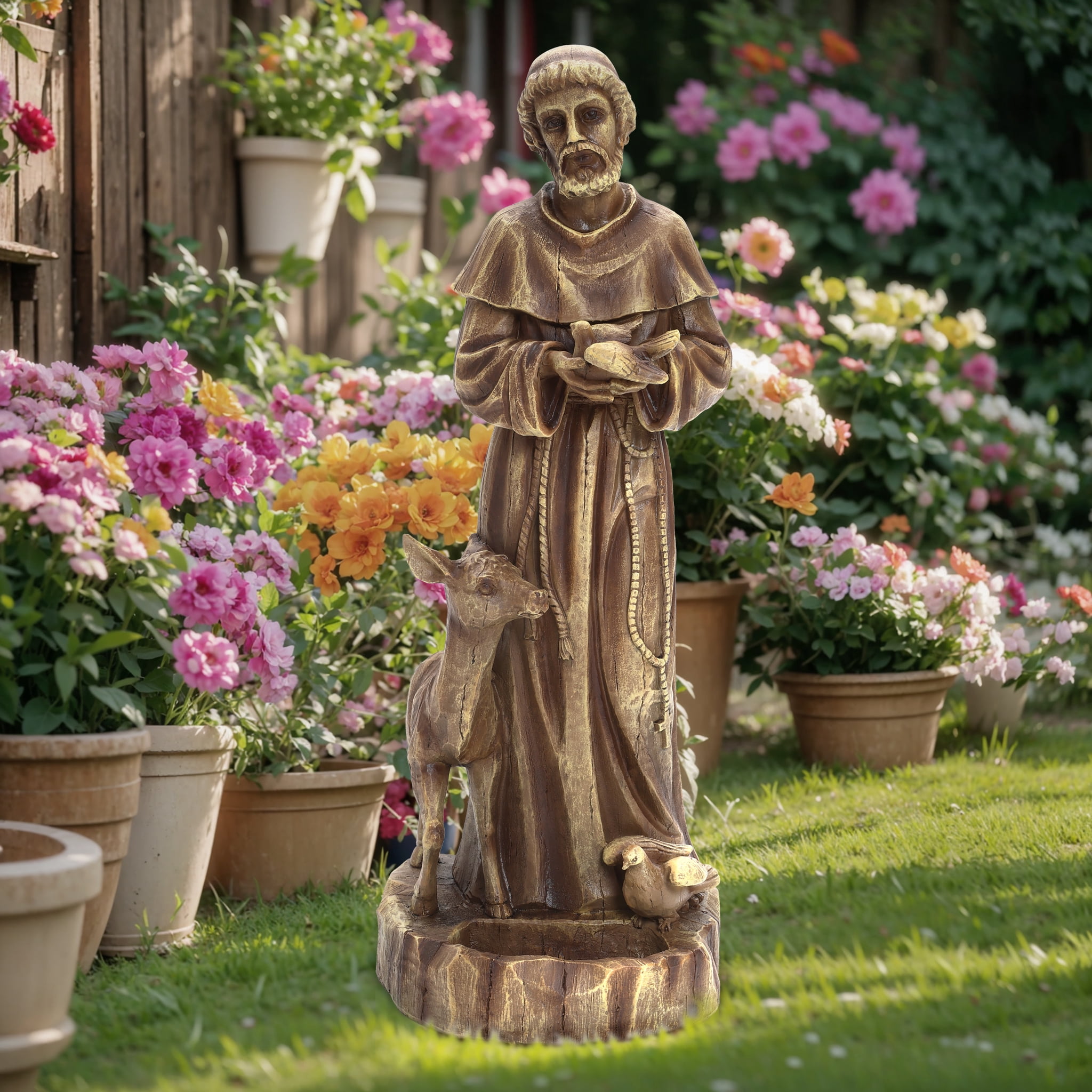 LuxenHome Saint Francis Garden Statue, 25'' Fiber Stone Brown Religious Garden Sculpture, Catholic St. Francis Statue for Patio, Yard, Home, Outdoor Sculptures Decorations