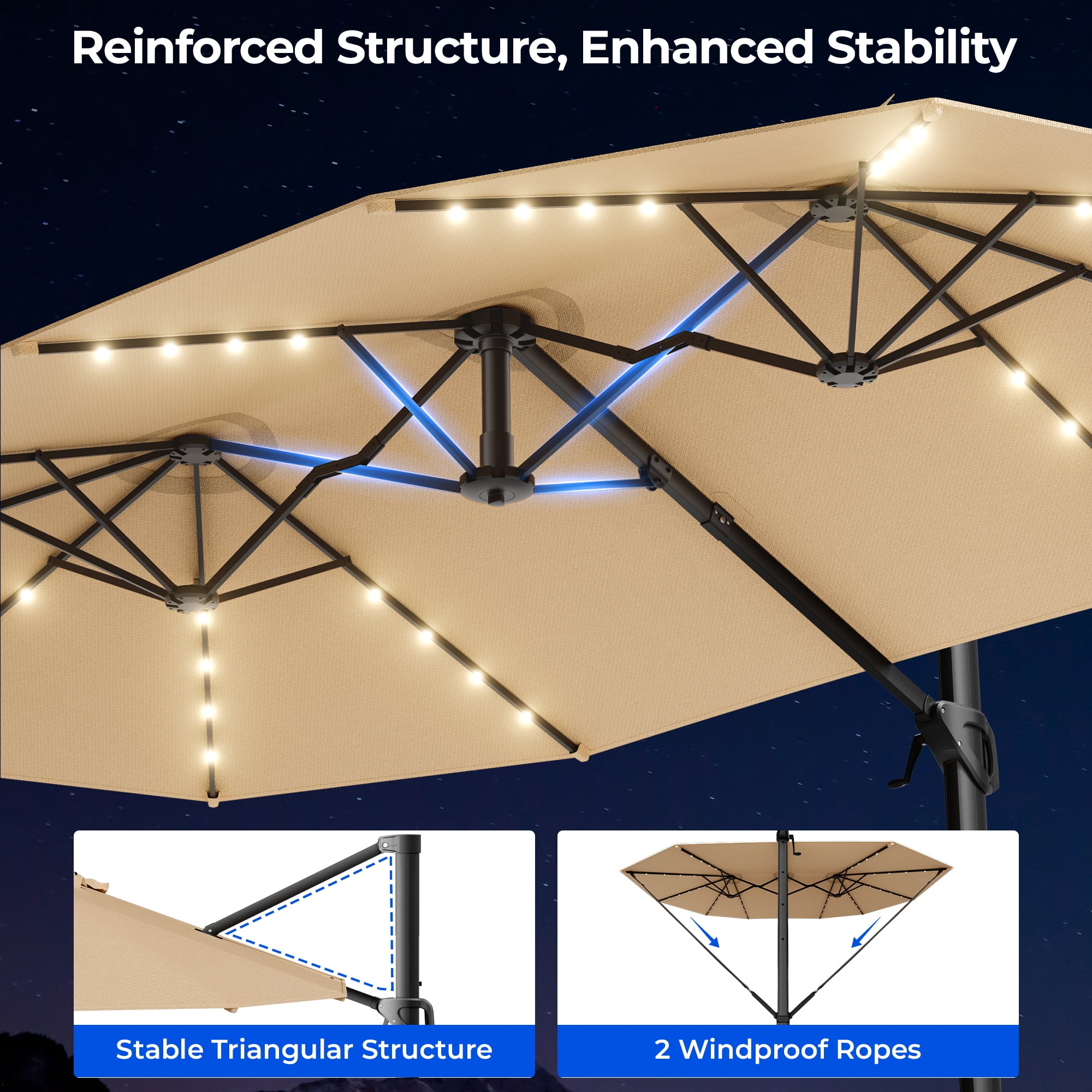 15FT Cantilever Patio Umbrella with LED Lights, 360°Rotation Large Double Sided Rectangular Outdoor Umbrella for Garden, Backyard, Pool, Deck, Beige(with Base)