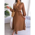 thumbnail image 5 of Women's Long Sleeve V-Neck Elegant Dresses for Women Robe with Belt Solid Crisscross Pleated Long Max Dress Mature, 5 of 7