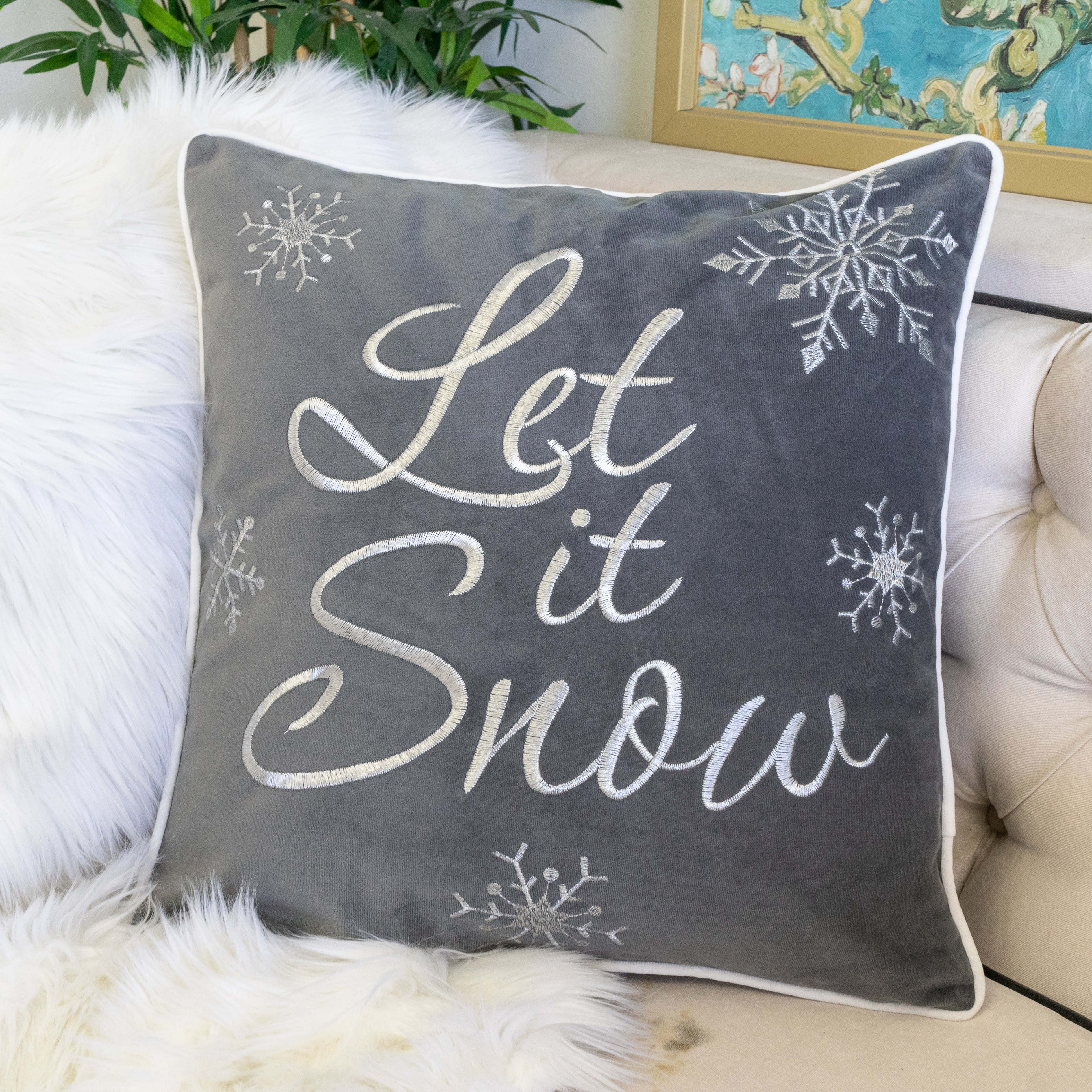 Let-It-Snow Gray Embroidered Snowflake Graphic Polyester Fill 20 in. x 20 in. Decorative Throw Pillow (Set of 2)
