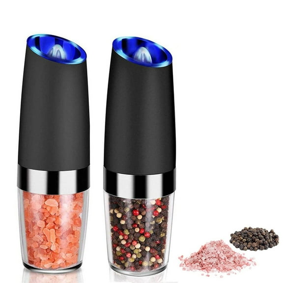 SOONHUA 2 Pcs Electric Gravity Pepper and Salt Grinder Set, LED Light, Adjustable Coarseness, Battery Operated, Stainless Steel Black