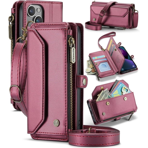 Funda tipo cartera cruzada para iPhone 13 con soporte RFID, ranuras para tarjetas de carga inalámbrica anticaídas, bolso de hombro de piel sintética con correa ajustable