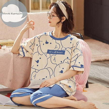 

QWZNDZGR Brand New Knitted Cotton Summer Short Sleeved Plus Size M-5XL Women Pajamas Set Pyjamas Women Sleepwear Cute Cartoon Pijamas