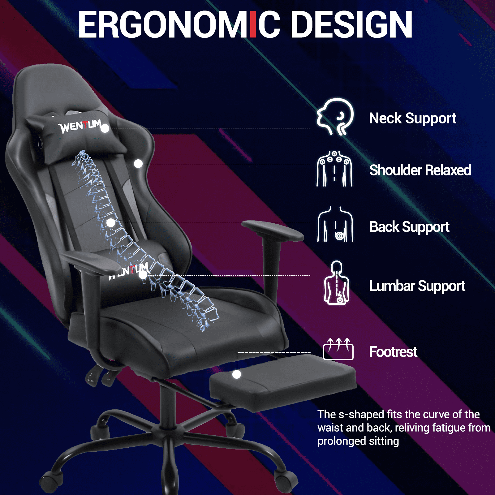 Wentum Reclining Gaming Chair With Footrest, Massage Racing Office Chair, PU Leather Computer Desk Chair with Head Pillow for Adults, Black