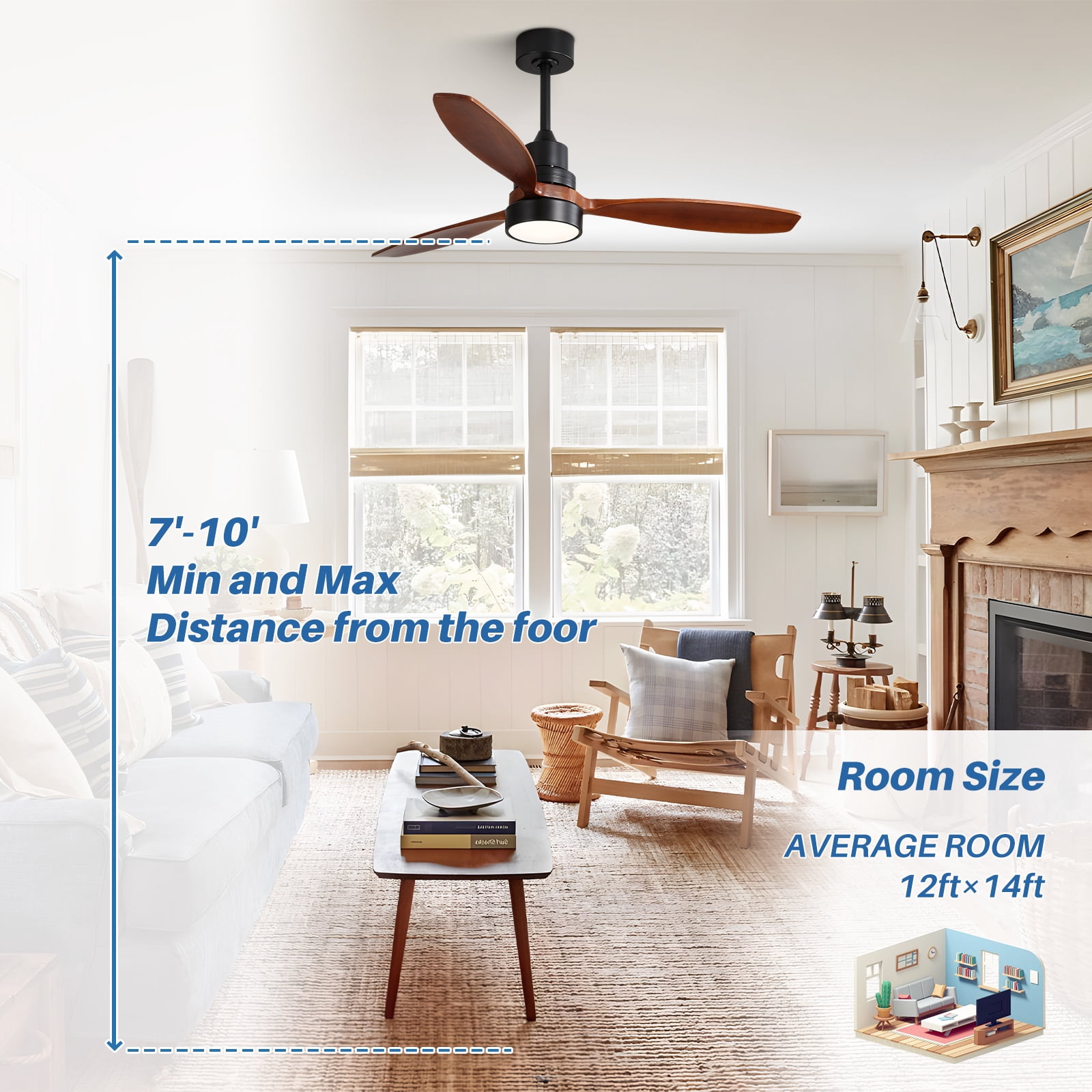 Sofucor 52" Downrod Ceiling Fan with Light, Remote, Modern Farmhouse Style