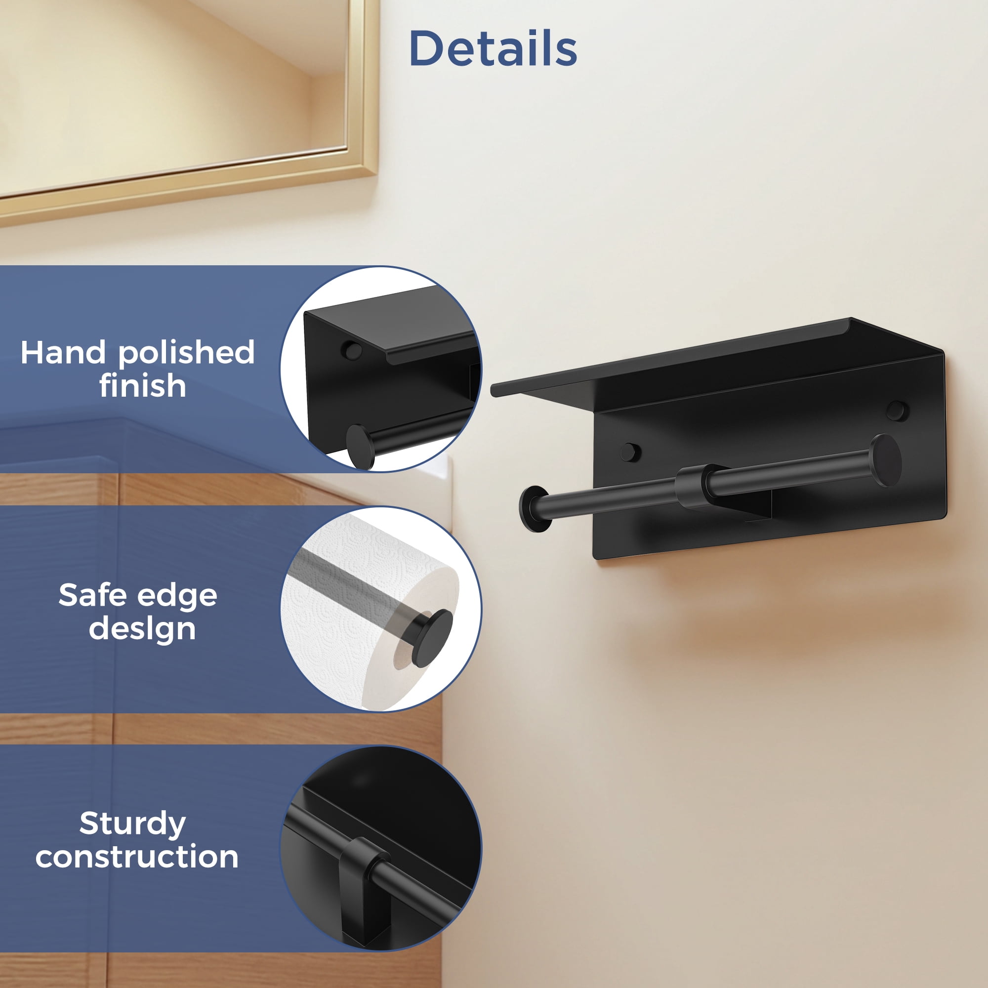 TVOFEK Double Toilet Paper Holder with Shelf, 304 Stainless Steel Wall Mounted Tissue Roll Holder for Bathroom, Rustproof Modern Matte Black