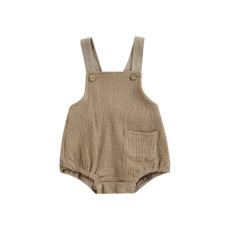

Yinyinxull Summer Newborn Baby Girls Sleeveless Bodysuit Wide Shoulder Straps Crotch Snaps Romper with Pocket Khaki 12-18 Months