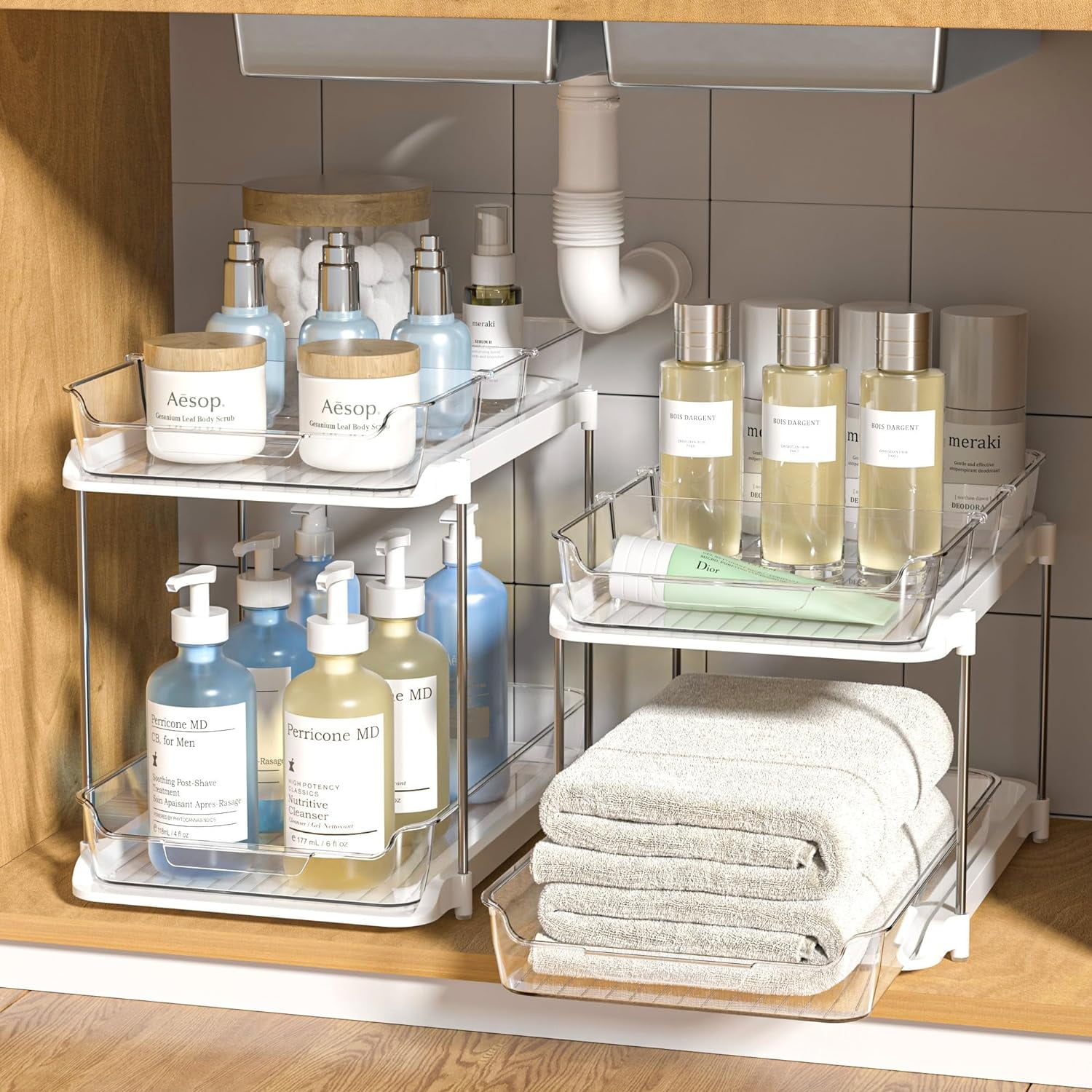 2 Tier Bathroom Storage Organizerr, Pull Out Under Sink Organizers and Storage, Stackable Pantry Organization and Storage, Clear Under Cabinet Storage with Movable Dividers
