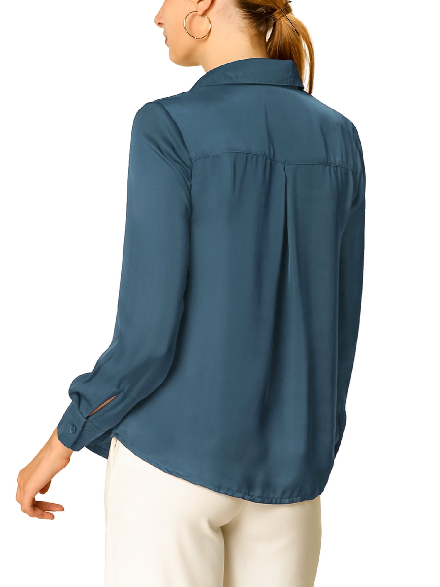 DARING DIVA Women's V Neck Classic Work Office Long Sleeve Shirt L Gray Blue