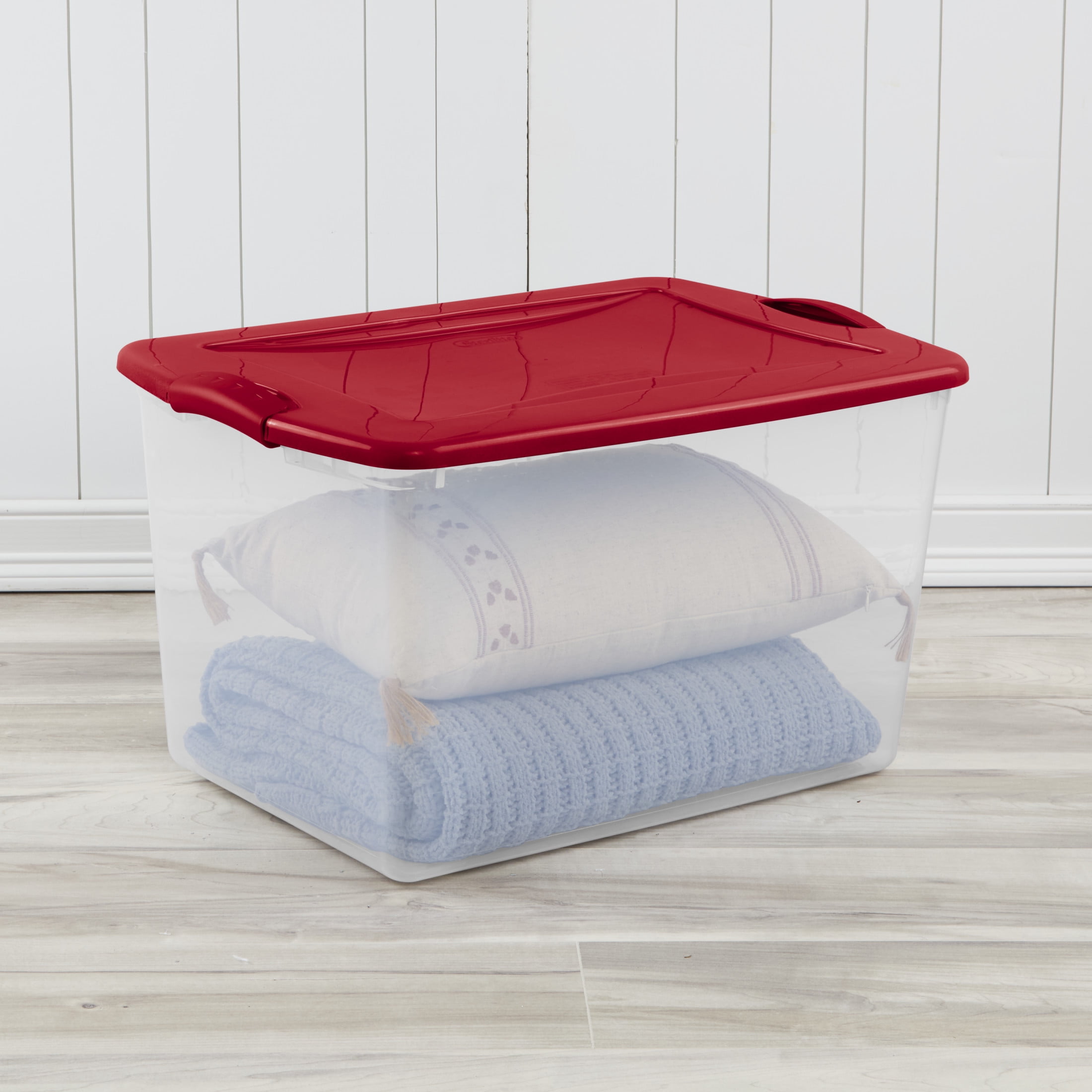 Sterilite Large Latching Storage Bin, 66 Quart Clear Plastic Storage Container with Latch Lid, Red, 6 Pack