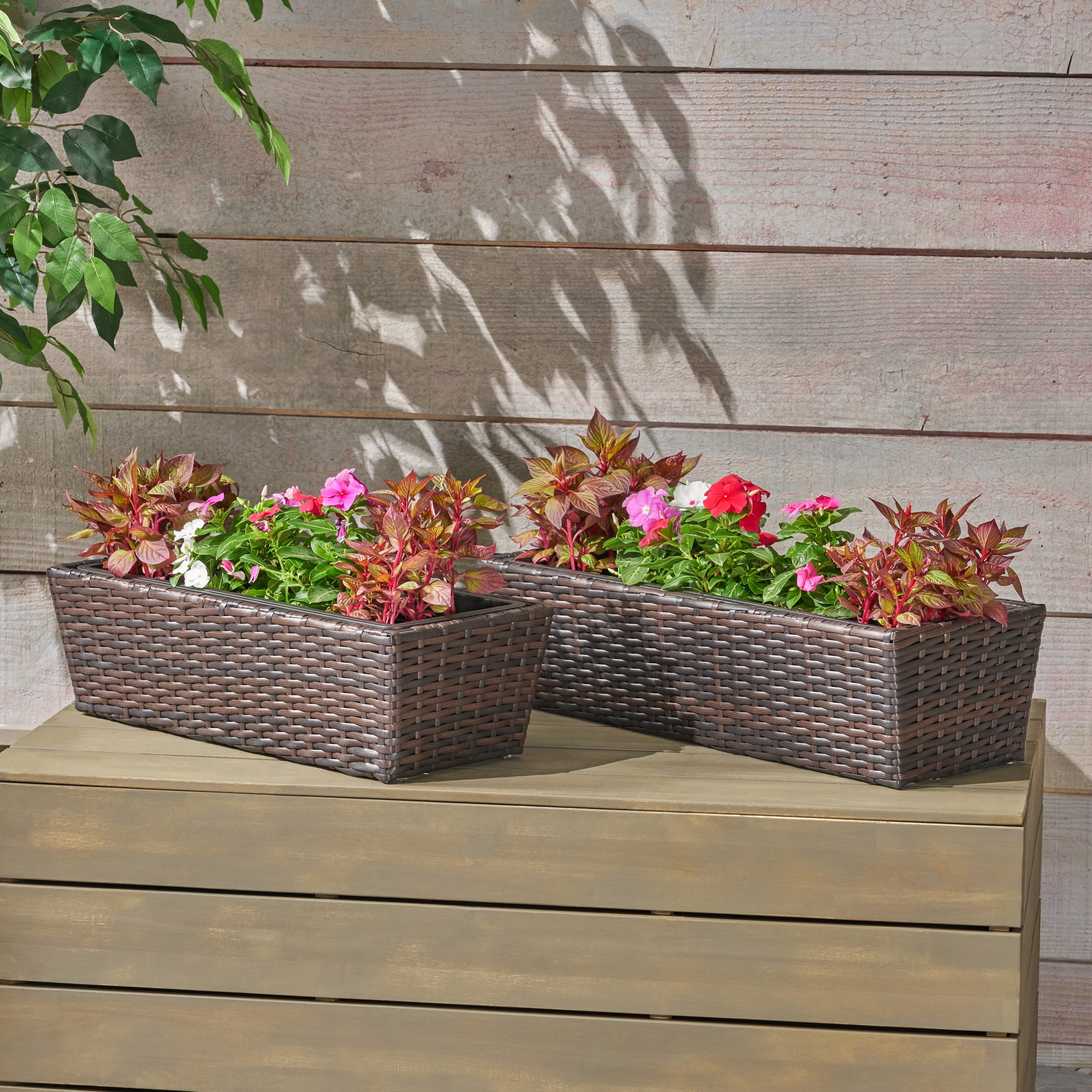 Aaron Outdoor Wicker Planters, Set of 2, Multi Brown