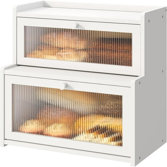 Bread Box for Kitchen Countertop Double Layer Large Corner Bread Box Capacity Bread Storage Bin Farmhouse Breadbox Container Organizer Cabinet Cupboard (White)