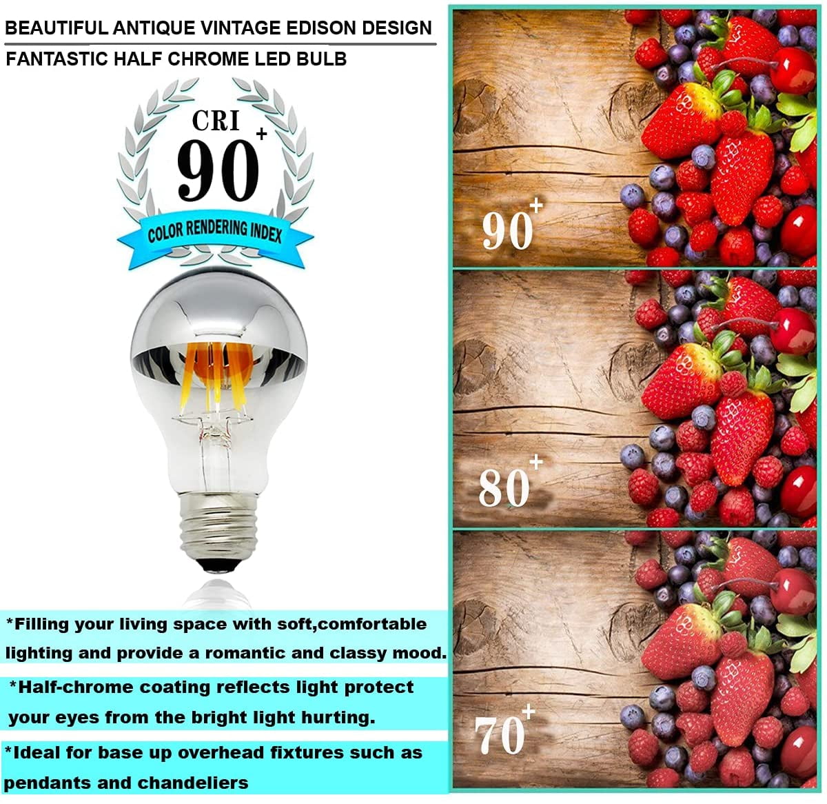 Half Chrome Light Bulb Dimmable 6W (Equivalent 60 Watt) LED Edison Bulb A60 Half Silve Dipped LED Bulb Globe Shape 2700K Warm White Decorative Mirror Light Bulb CRI 90+ E26 Base Pack of 5