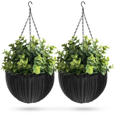 Garden Pot Hangers Best Choice Products Set of 2 Patio Round Garden Wicker Rattan Pot Hanging Planters w/ Triple-Chain Hanger, Black ()