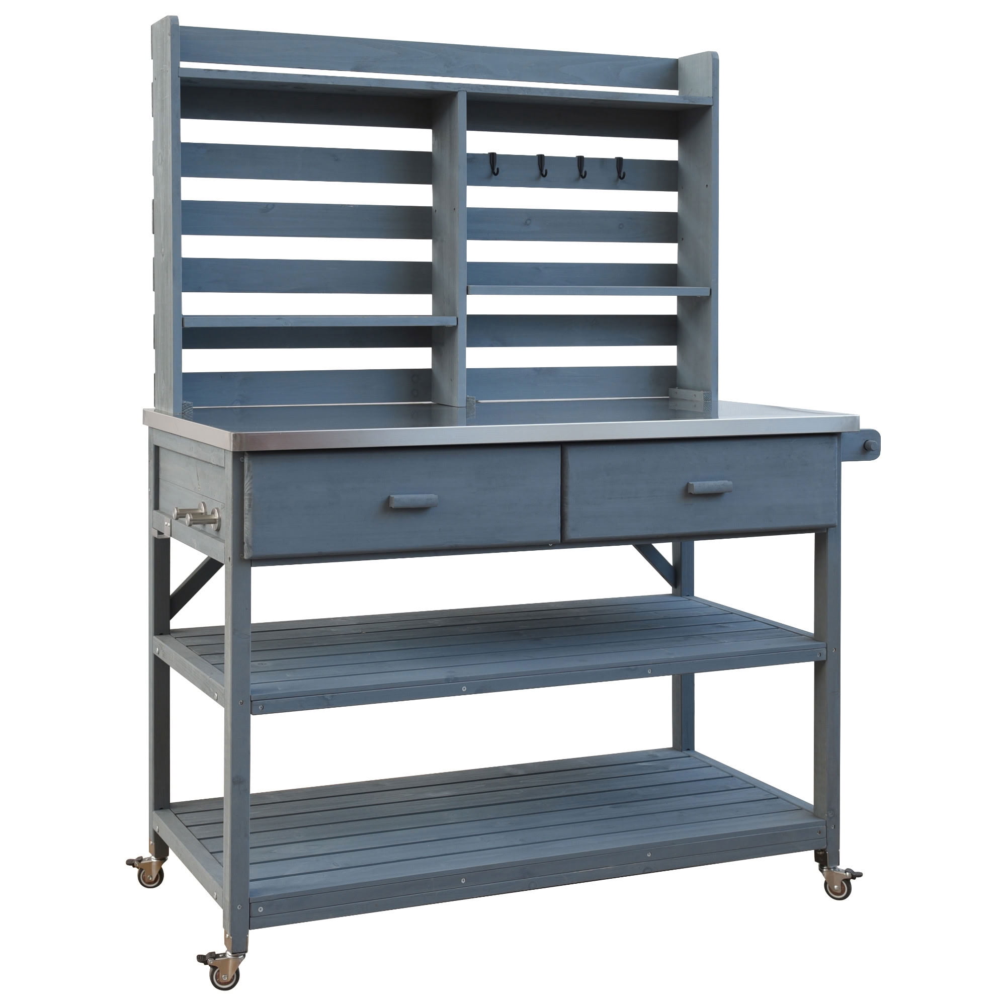 MAYEERTY Outdoor Potting Bench with Lockable Wheels, Wood Workstation with 2 Large Drawers, Towel Rack, Bottle Opener & Propane Tank Rack for Grilling, Gardening, Patio Lawn