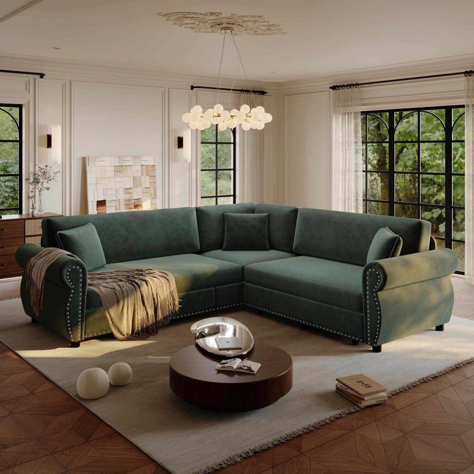 MAYEERTY 88.2" L‑Shaped Convertible Pull‑Out Sofa Bed, Chenille Sectional Couch with Nailhead Trim & Rolled Arms, Multifunctional Sleeper Sofa